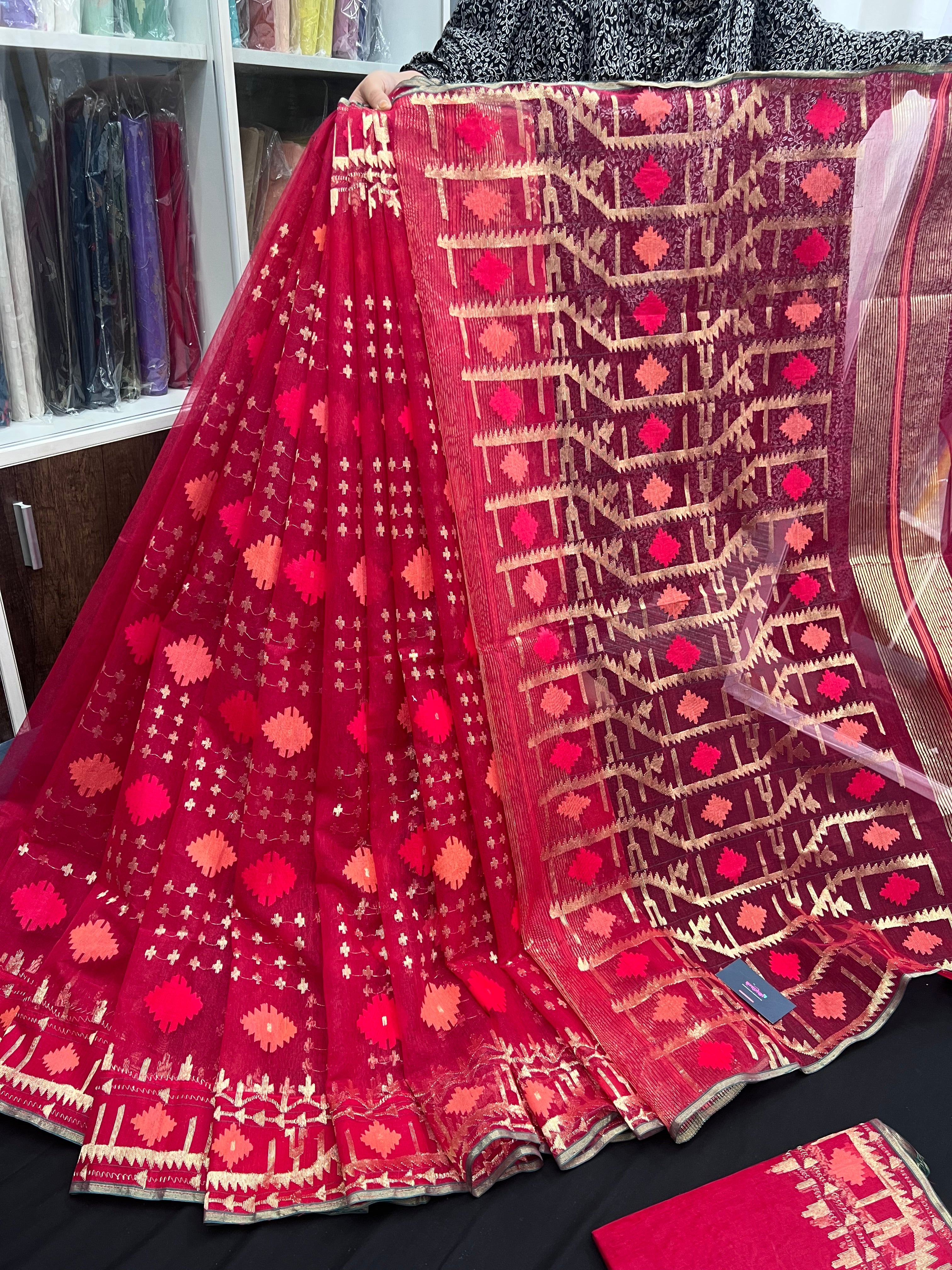 Red Bridal Original Handloom Hlfsilk Dhakai Jamdani Saree