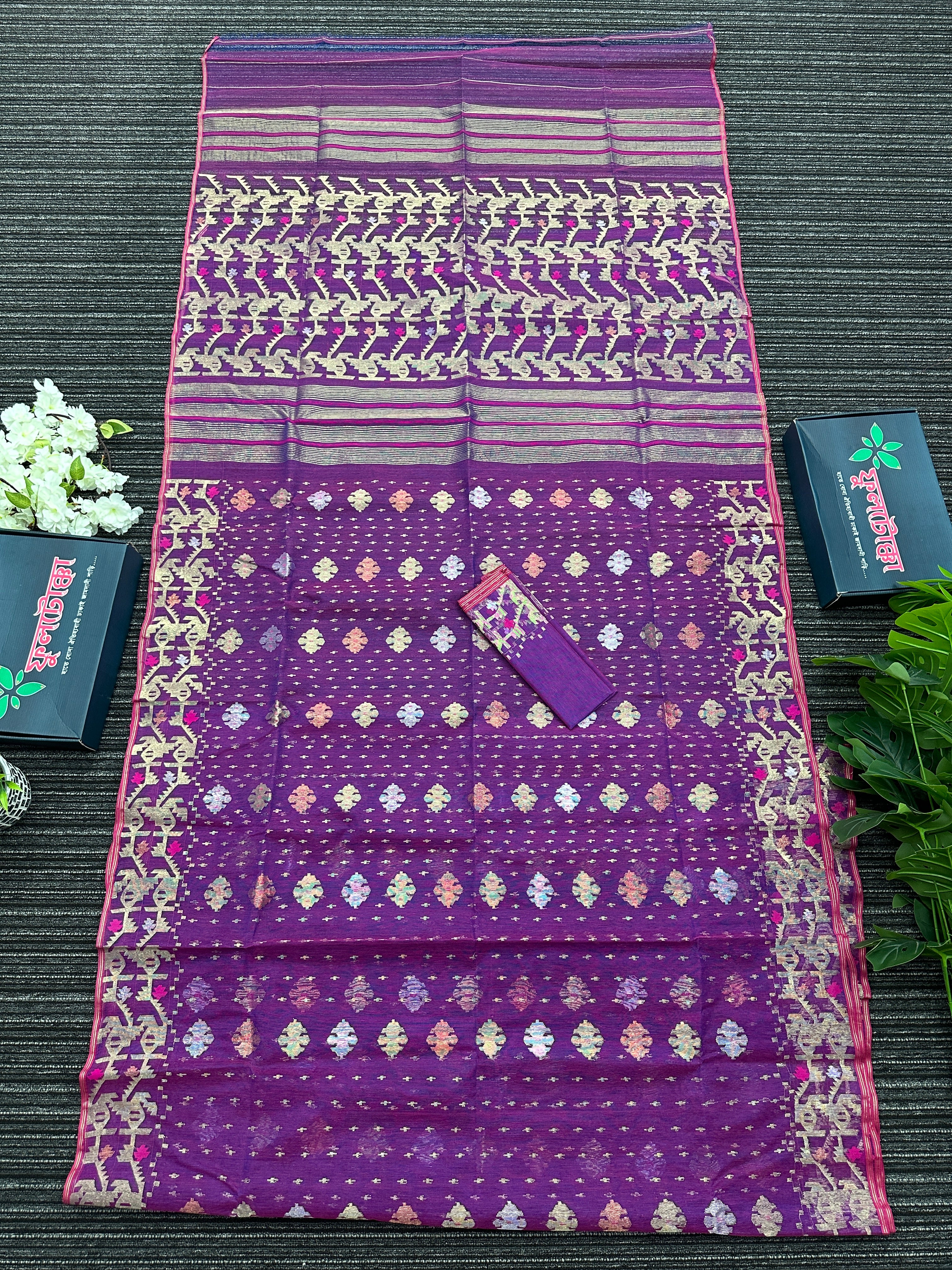 Purple dual toned halfsilk jamdani saree with golden silver & copper jori work