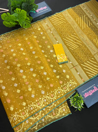 Yellow Original Handloom Dhakai Jamdani With Golden Silver & Copper Jori Work