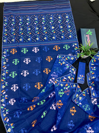 Royal blue jamdani saree with green pink blue orange threads work.