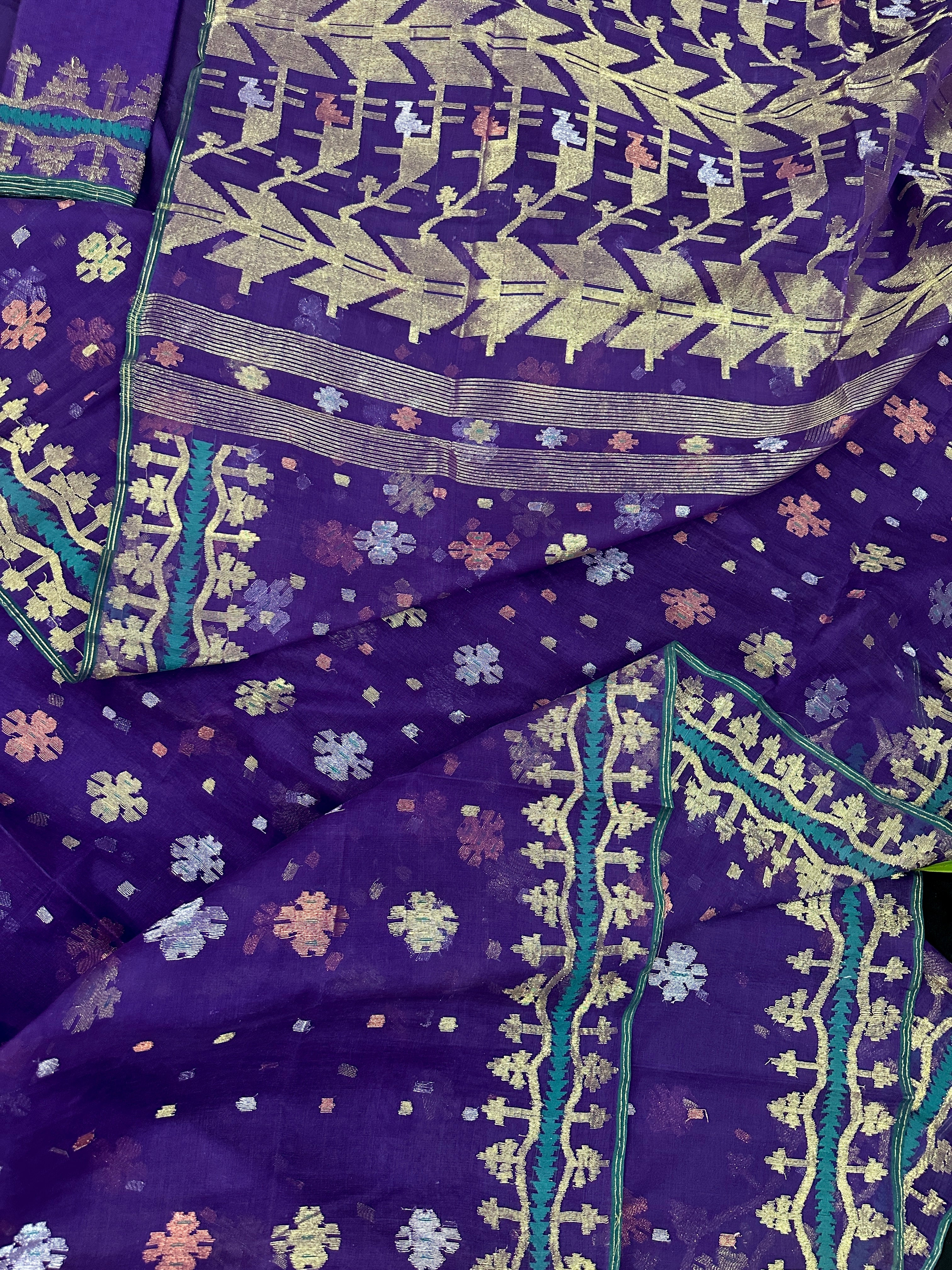 Violate purple jamdani saree all over golden silver and copper jori work.