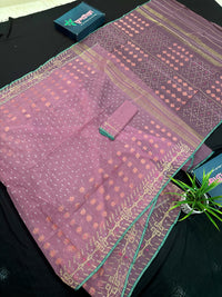 Onion colour jamdani saree with pink meena and green border.