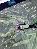 Pear green type Lite mint jamdani saree with threads work.
