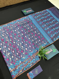 Purplish Blue dual toned jamdani saree with white pink blue threads work & blouse piece.