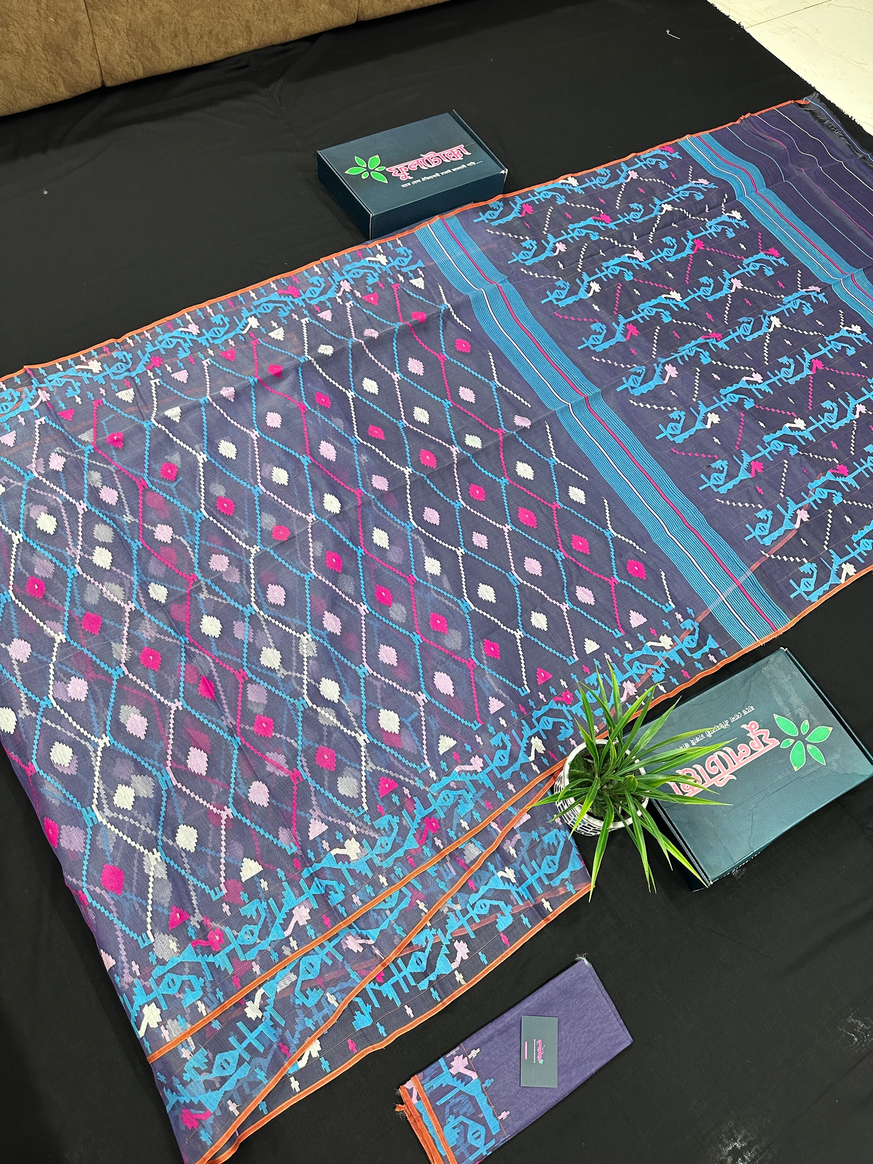 Purplish Blue dual toned jamdani saree with white pink blue threads work & blouse piece.