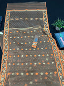 Peanut Brown dhakai jamdani saree with orange threads work & golden jori work all over soft count.