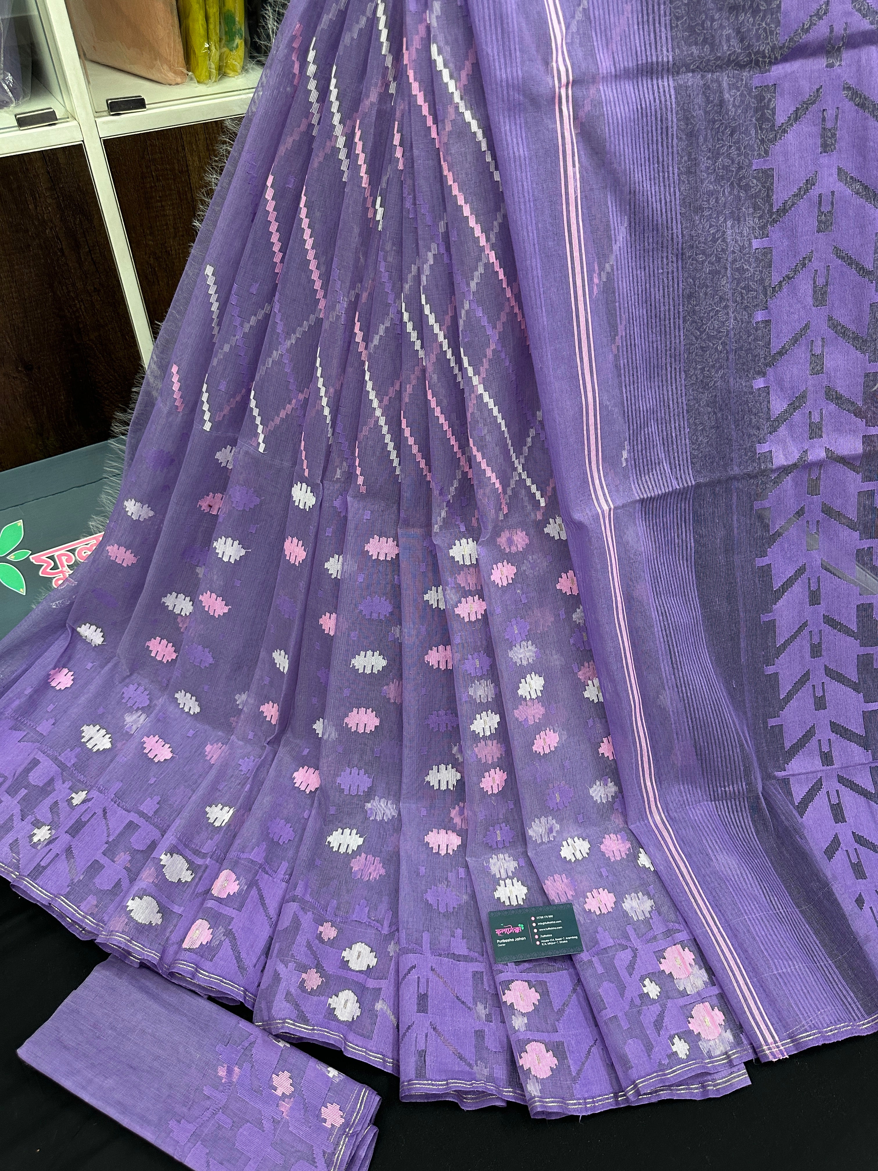 Deep Lavender Original Handloom Halfsilk Dhakai Jamdani Saree With Multiple Threads Work