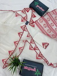 White Jamdani Saree With Red Paar.