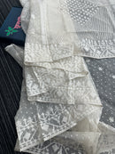 White exclusive halfsilk jamdani saree with white threads work and blouse piece