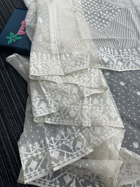 White exclusive halfsilk jamdani saree with white threads work and blouse piece