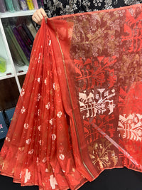 Brick colour halfsilk jamdani saree with self threads work and off white threads work