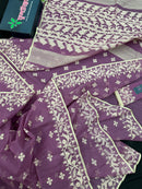 Onion cotton jamdani saree with yellowish threads work all over work.