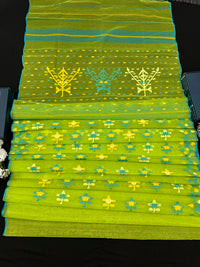 Lamon Green Original  Handloom Halfsilk Dhakai Jamdani Saree With Multiple Threads Work
