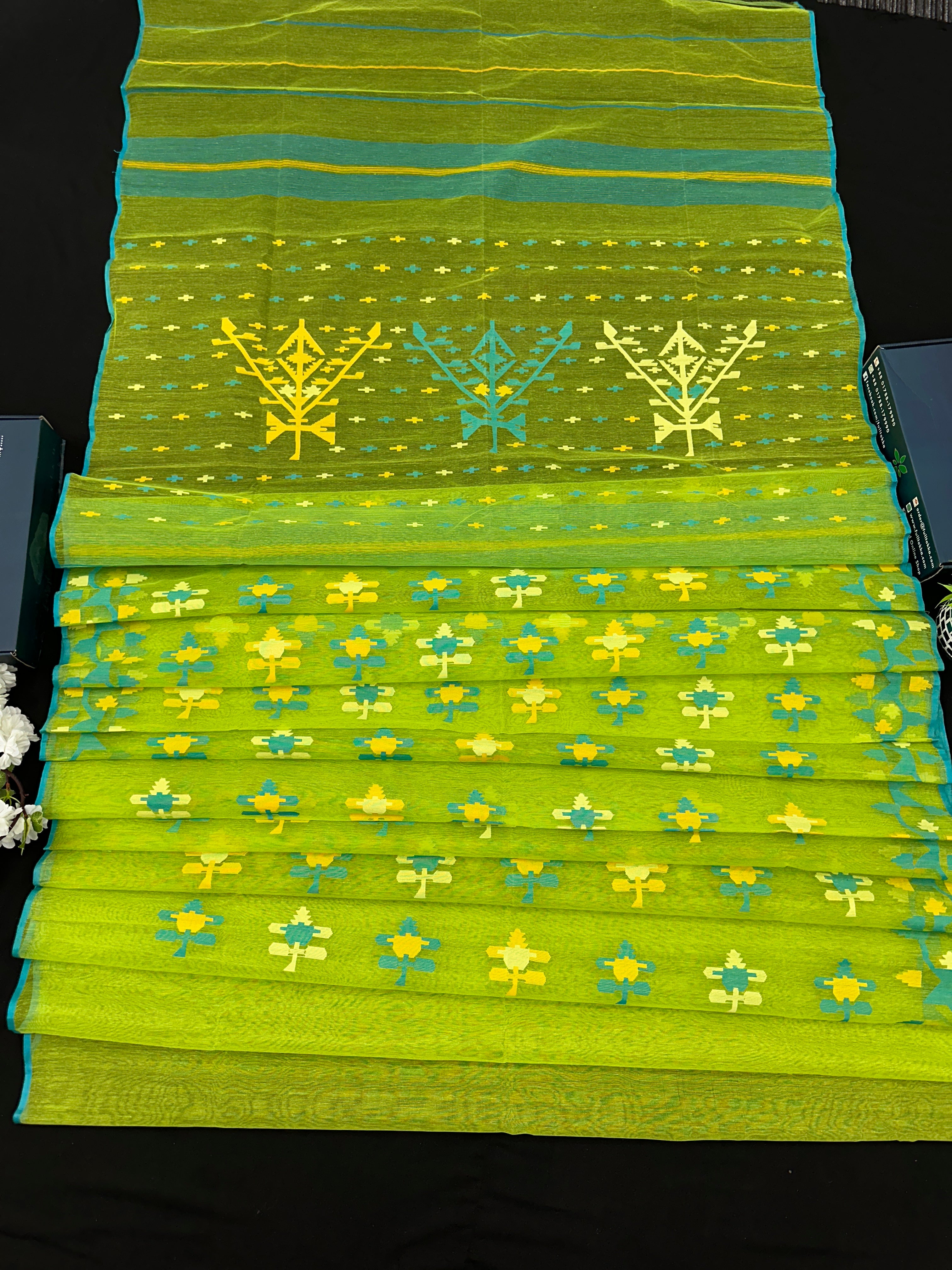 Lamon Green Original  Handloom Halfsilk Dhakai Jamdani Saree With Multiple Threads Work