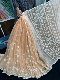 Pearl white cotton jamdani saree with white threads work & blouse piece