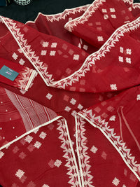 Radish Maroon cotton jamdani saree with white threads work all over work.
