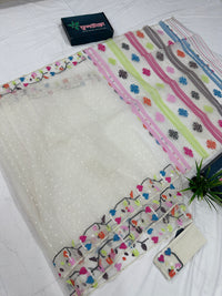 White Jamdani Saree With Multiple Threads Work.