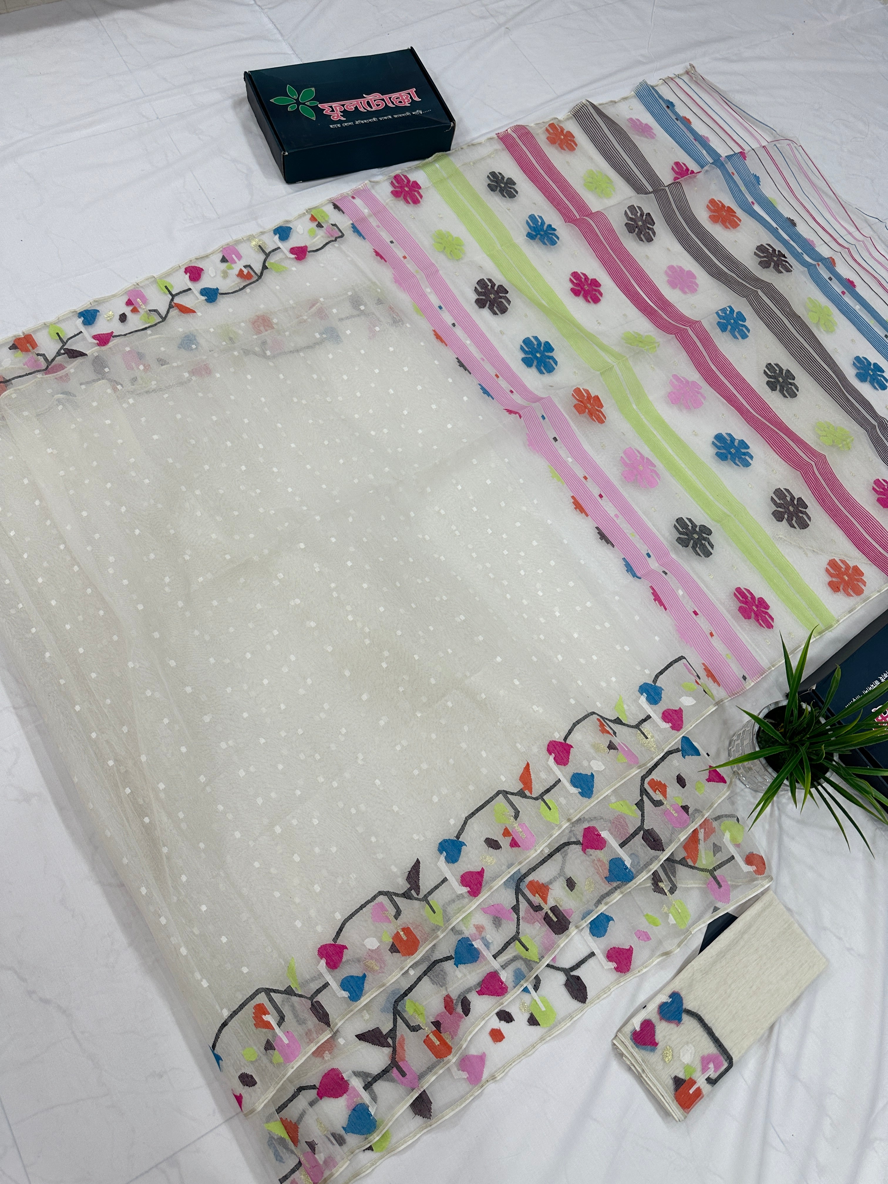 White Jamdani Saree With Multiple Threads Work.