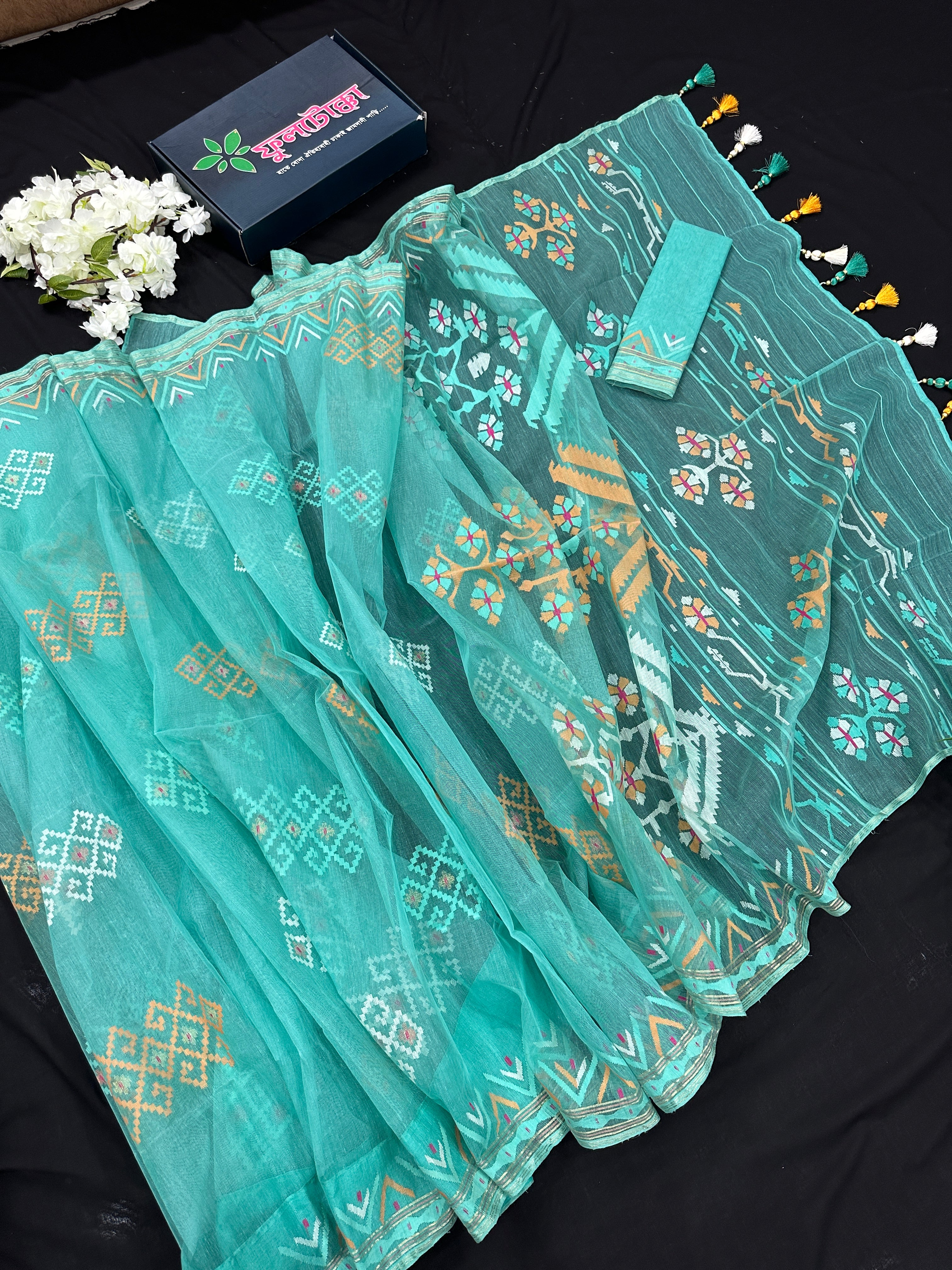 Ice blue exclusive halfsilk jamdani saree all over threads work