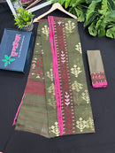 Dual Shaded Original Handloom Halfsilk Dhakai Jamdani Saree With Pink Olive Threads Work