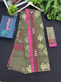 Dual Shaded Original Handloom Halfsilk Dhakai Jamdani Saree With Pink Olive Threads Work
