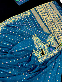 Peacock blue cotton jamdani saree with yellow threads work all over soft count