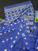 Royal Blue Original Handloom Dhakai Jamdani Saree With Golden Silver & Copeer Jori Work