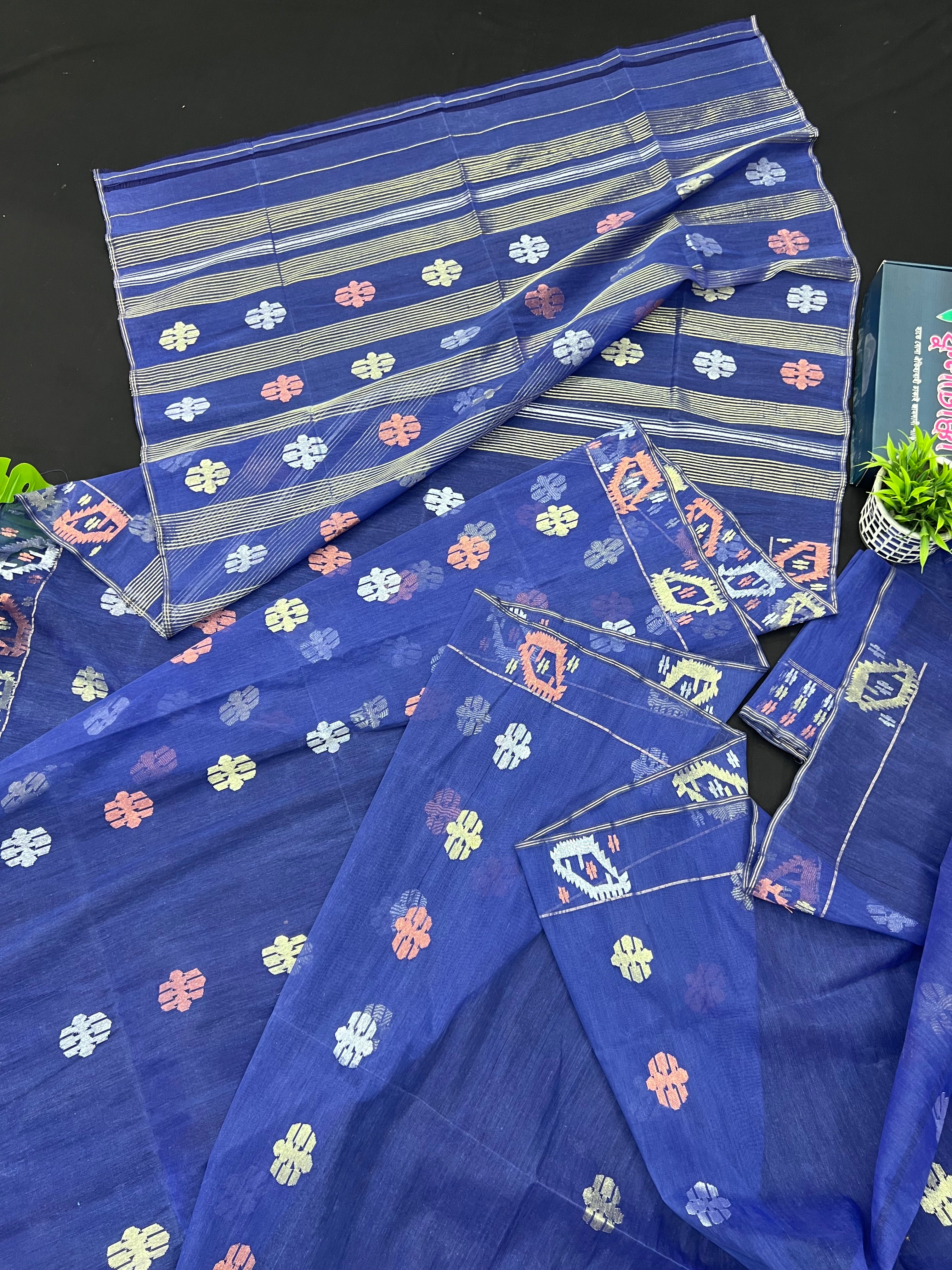 Royal Blue Original Handloom Dhakai Jamdani Saree With Golden Silver & Copeer Jori Work