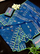 Sea blue dhakai jamdani saree with golden silver & copper jori work soft count.