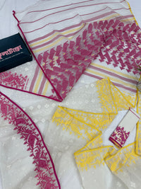 White cotton gonga jamuna design jamdani saree with pink & yellow threads work.