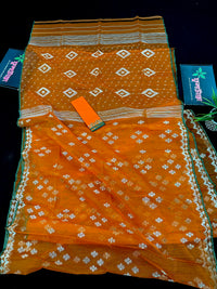Orange soft jamdani saree with silver jori work & green border.