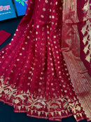 Maroon semi bridal cotton jamdani saree with golden jori work