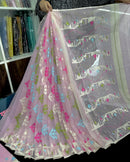 Baby pink halfsilk jamdani saree with blue magenta green off white threads work
