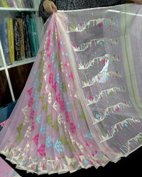 Baby pink halfsilk jamdani saree with blue magenta green off white threads work