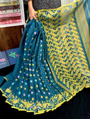 Sea green cotton jamdani saree with yellow pink blue threads work