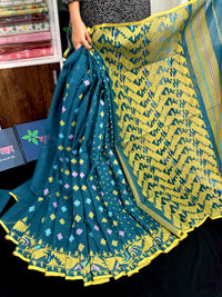 Sea green cotton jamdani saree with yellow pink blue threads work