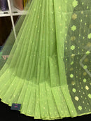 Olive Green Original Handloom Halfsilk Dhakai Jamdani Saree With Self Threads Work & Golden Jori Work