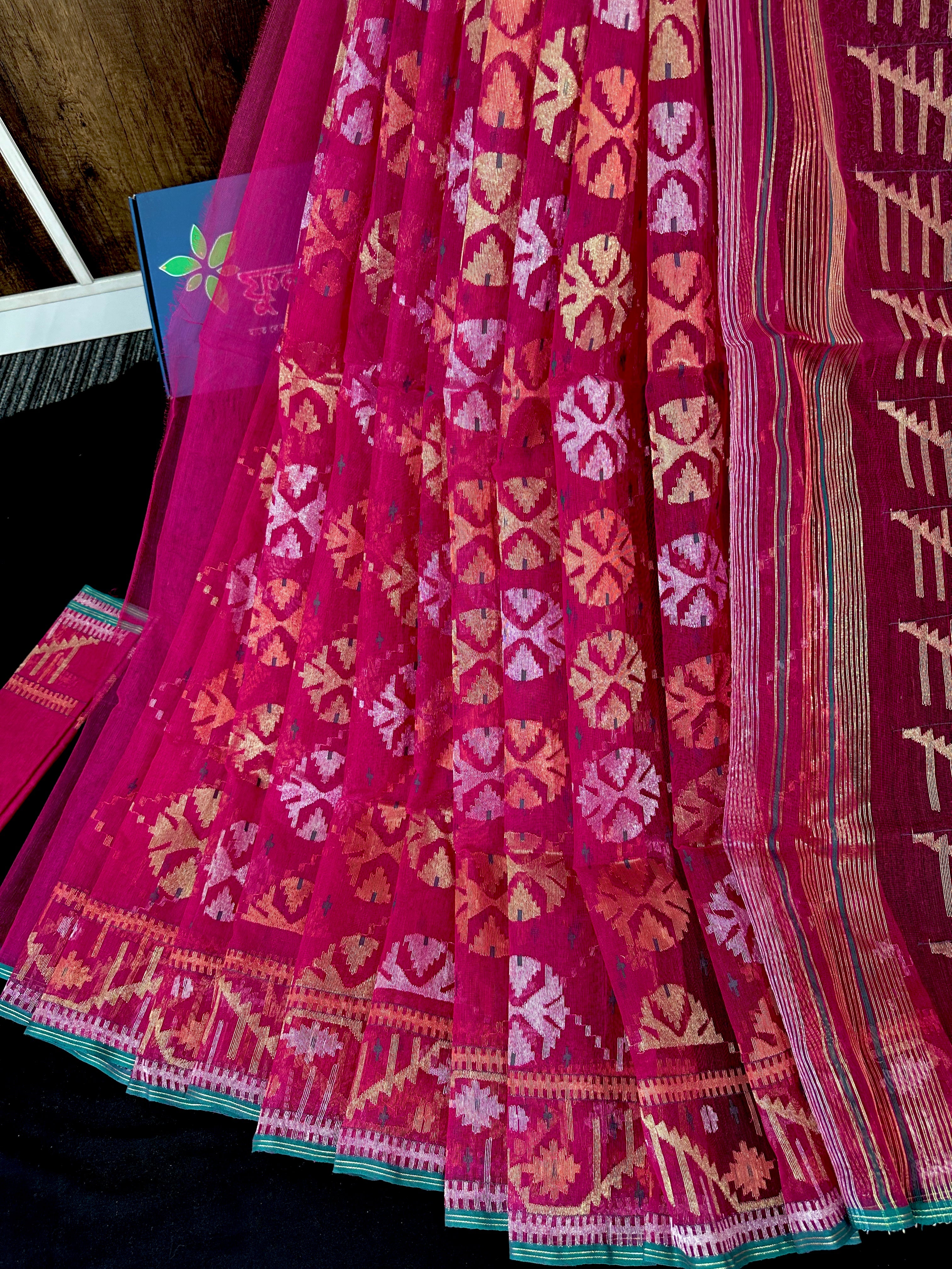 Raani golapi exclusive halfsilk jamdani saree with golden silver & copper jori work
