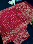 Reddish Maroon Bridal Exclusive dhakai jamdani saree with all over golden jori work soft count.
