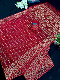 Reddish Maroon Bridal Exclusive dhakai jamdani saree with all over golden jori work soft count.