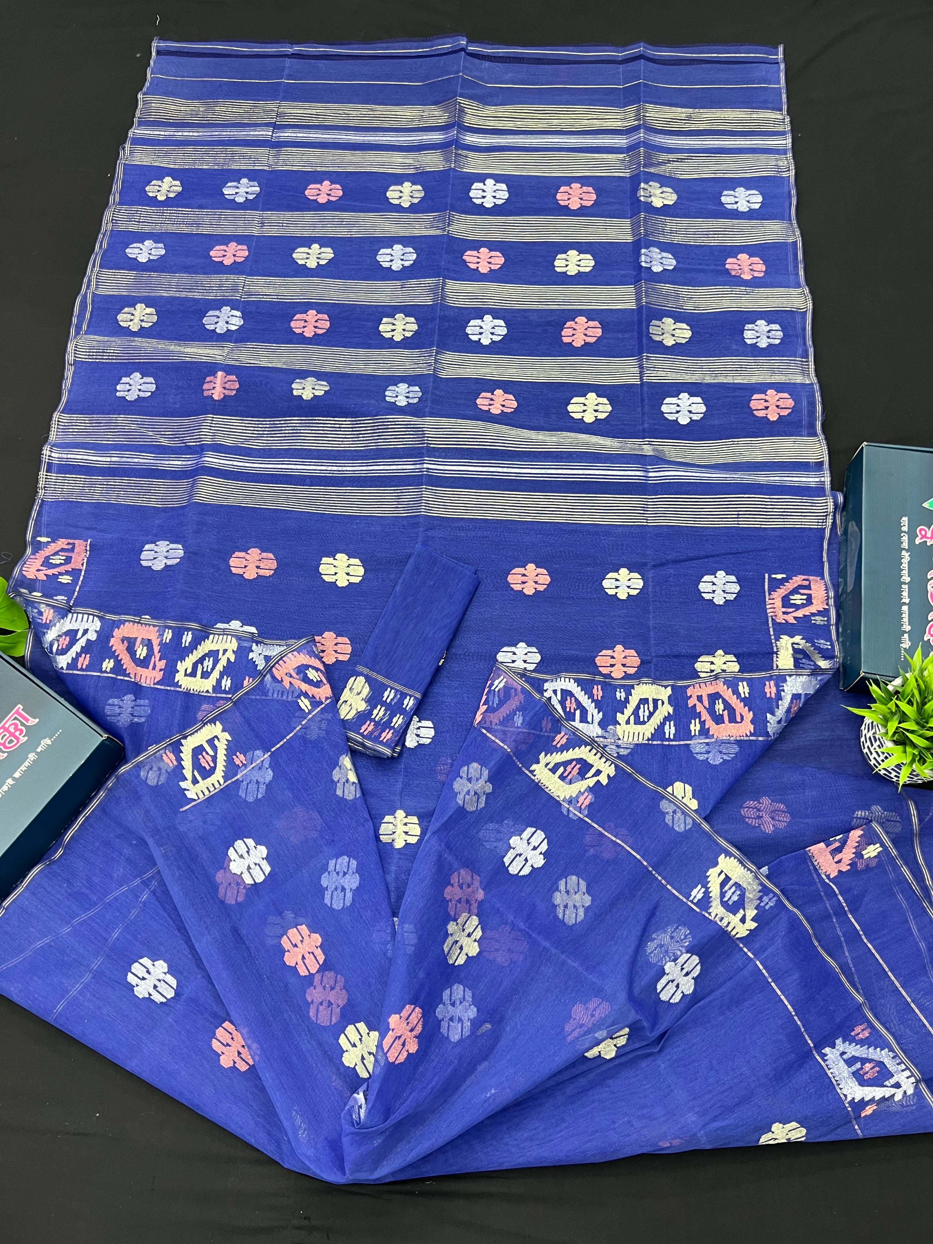 Royal Blue Original Handloom Dhakai Jamdani Saree With Golden Silver & Copeer Jori Work