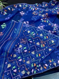 Royal blue jamdani saree with green pink blue orange threads work.