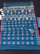 Blue Colour Original Handloom Halfsilk Dhakai Jamdani Saree With Golden Silver & Copper Jori Work