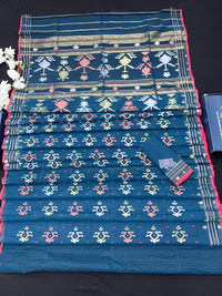 Blue Colour Original Handloom Halfsilk Dhakai Jamdani Saree With Golden Silver & Copper Jori Work