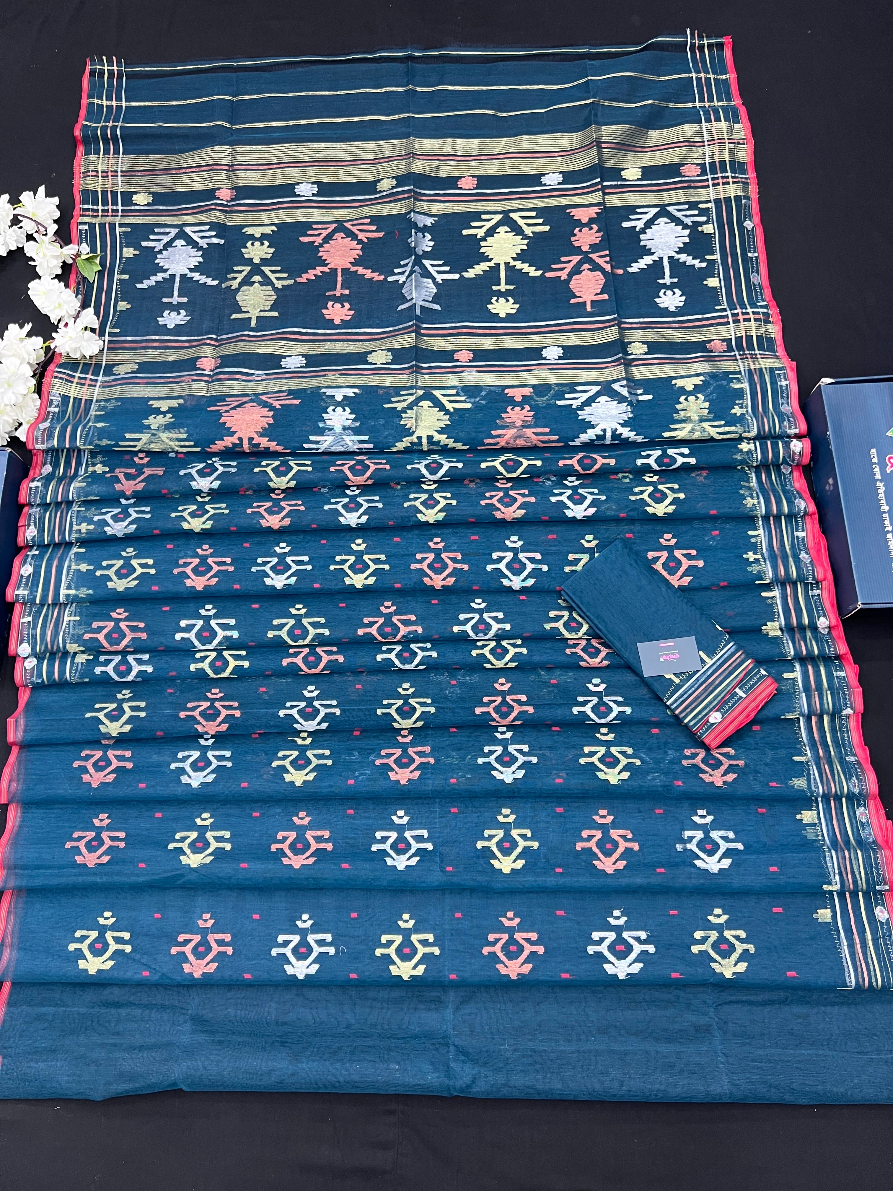 Blue Colour Original Handloom Halfsilk Dhakai Jamdani Saree With Golden Silver & Copper Jori Work