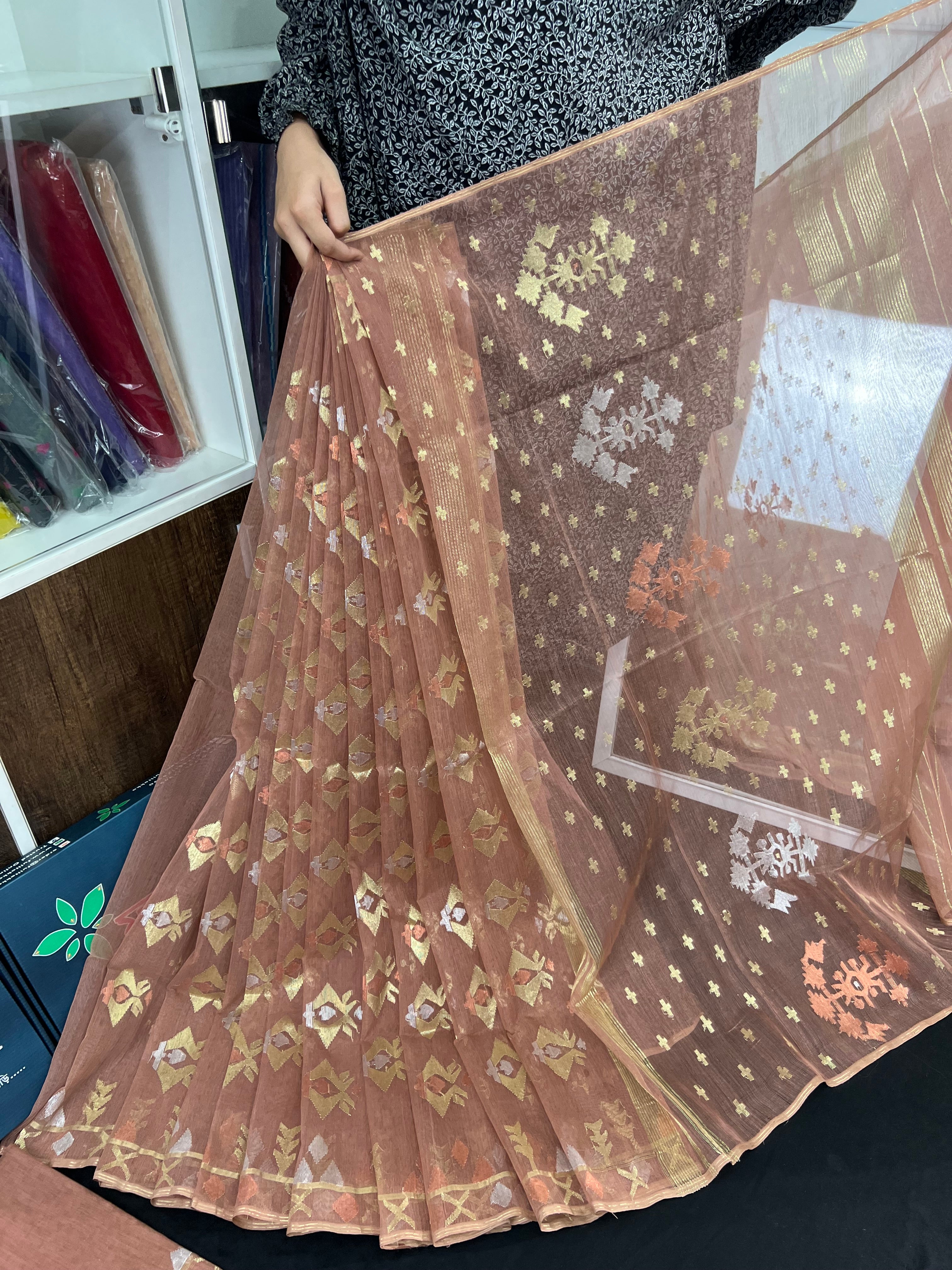 Nude mauve halfsilk jamdani saree with golden silver & copper jori work