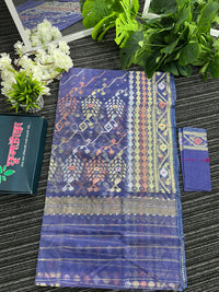 Deep purple exclusive halfsilk jamdani saree with golden silver & copper jori work