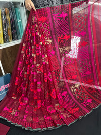 Redish Maroon bridal exclusive halfsilk jamdani saree with red magenta threads work and golden jori work