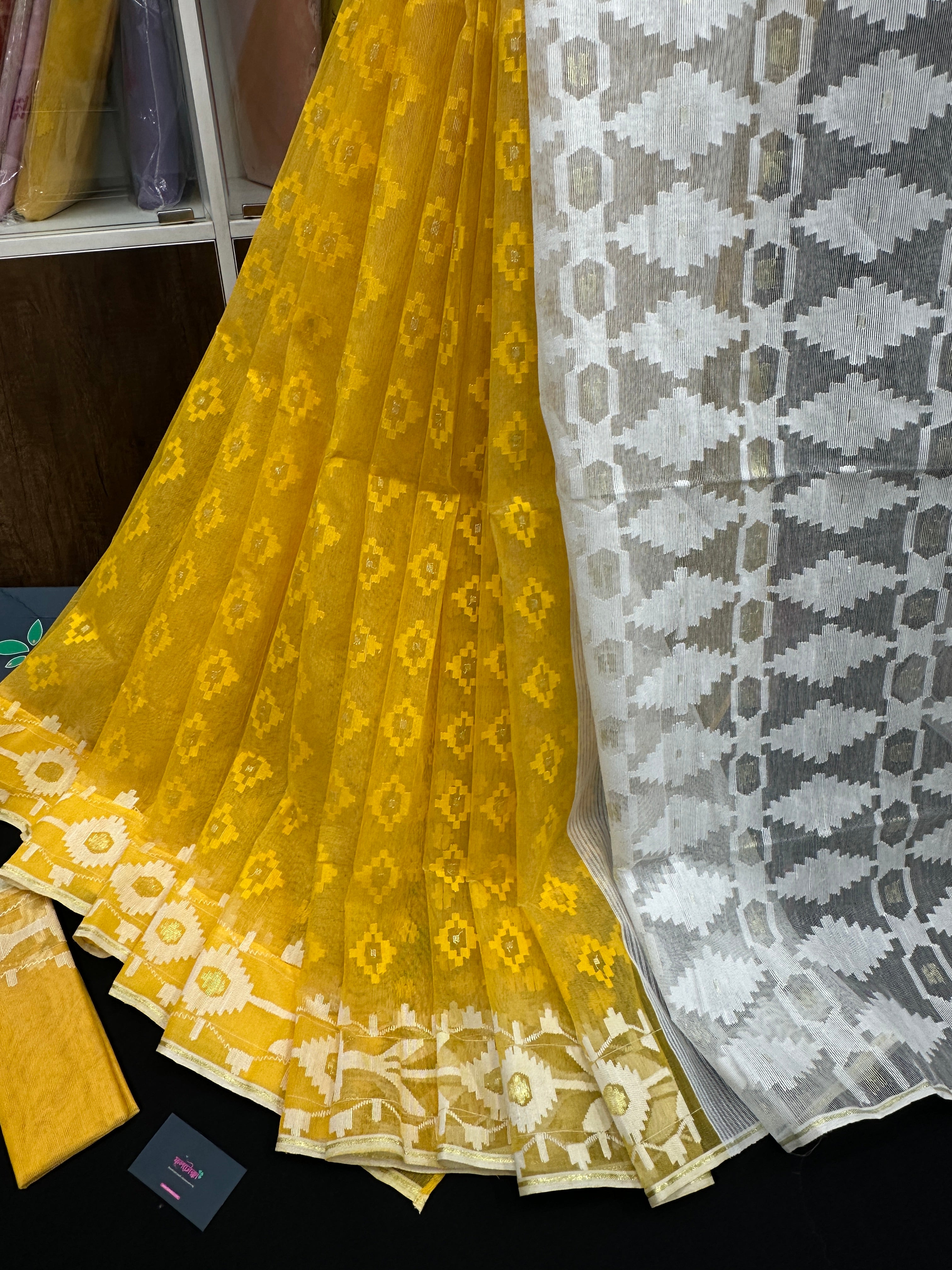 Yellow Original Handloom Halfsilk Dhakai Jamdani Saree With Self Threads Work & White Threads Work