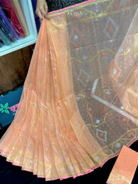 Peach colour halfsilk jamdani saree with golden silver & copper jori work